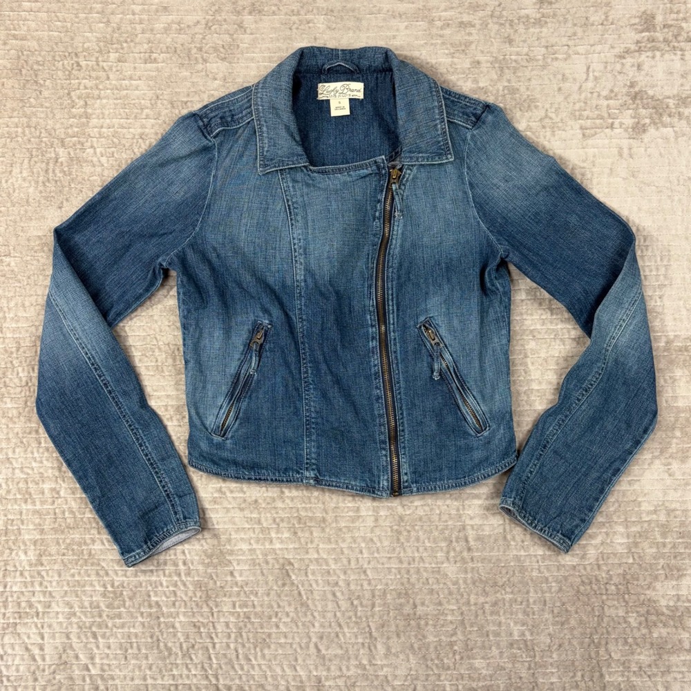 Lucky Brand Womens Denim Moto Jacket Medium Wash Blue Cotton S 7W11970 Fall 13